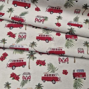 Jacquard Gobelin stof met rode Volkswagen T1 busjes palmbladeren en hibiscusbloemen op beige achtergrond