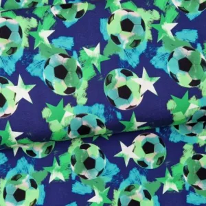 French Terry tricot stof met groene en blauwe voetballen en sterren