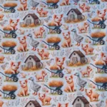 Tricotstof boerderijprint van 95% katoen en 150 cm breed – zacht, rekbaar en vol boerderijdieren.