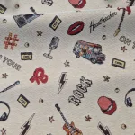 Volkswagen T1 stof retro print met rockthema -met-kleurrijke-muziek-en-rockcultuur-motieven gitaren-microfoons-cassettebandje stof kopen bij Makomastoffen Den Haag