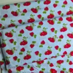 Aardbeien op blauw BB ruitje Stoffen voor kleding hobby en decoratie Bij makomastoffen Limburg