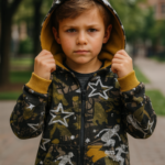 French Terry tricot stof met skateboarder graffiti sterren en camouflagekleuren