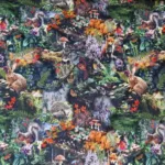 stof met bosdieren zoals vos, uil, konijn en egel in een kleurrijk bos vol bloemen, bladeren en paddenstoelen Bestel Online stoffenwebwinkel Makomastoffen Houten