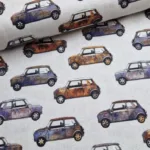 Stof met Mini Cooper oldtimerprint in retrostijl geschikt voor interieurdecoratie Makomastoffen Utrecht
