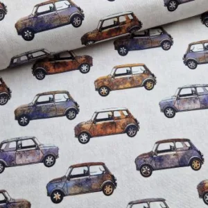 Stof met Mini Cooper oldtimerprint in retrostijl geschikt voor interieurdecoratie Makomastoffen Utrecht