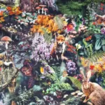 Stof met bosdieren zoals vos, uil, konijn en egel in een kleurrijk bos Bestel Online stoffenwebwinkel Makomastoffen Houten