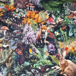 Stof met bosdieren zoals vos, uil, konijn en egel in een kleurrijk bos Bestel Online stoffenwebwinkel Makomastoffen Houten