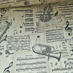 Vintage print van muziekinstrumenten muzieknoten Stoffen bestellen stoffenwebwinkel online Makomastoffen