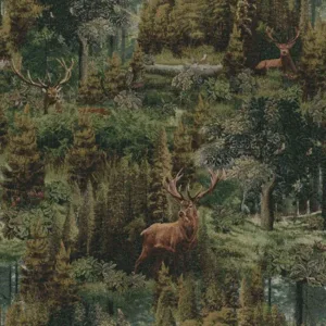 Jacquard Gobelin stof met herten in een bos, stevige interieurstof voor woondecoratie en bekleding.