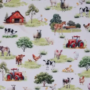 Stof met boerderijdieren, digitale katoenprint met koeien, kippen, tractoren en boerderij.