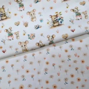 Tricot stof met muisjes en bloemenprint in naturel tinten, geschikt voor babyshirts en pyjama’s.