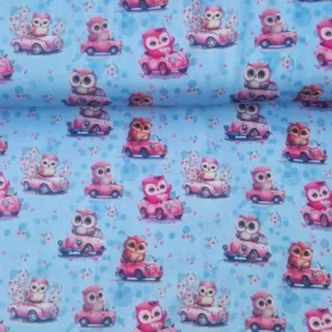 Tricot baby uilen blauw met uiltjes in roze autootjes op een blauwe ondergrond. voor de babykamer en kleding