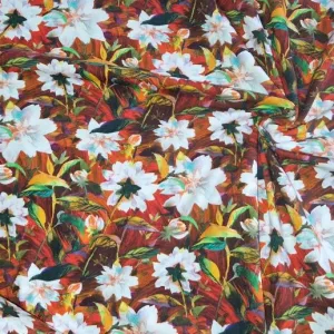 Tricotstof met lelie bloemen patroon Makomastoffen de stoffenwebwinkel van Drenthe