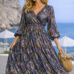 Wijdvallende damesjurk Viscose met Lurex design Leaves in rijke kleuren met sierlijke bladmotieven