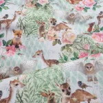 groene tricot stof met dieren en bloemenmotief Stoffen online kopen bij makomastoffen Breda