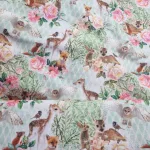 tricot stof met een prachtig natuurmotief herten vossen konijnen vogels Kinderstoffen kopen in Brabant Makomastoffen