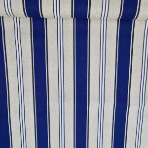 Gestreepte blauw beige stof met brede donkerblauwe banen en beige strepen Makomastoffen