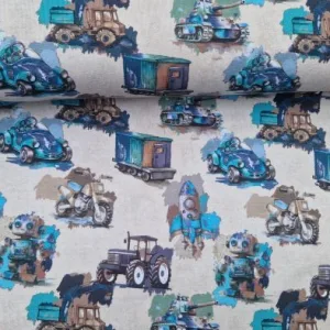 Tricot stof met voertuigen en robots Voor stoere tienerkleding