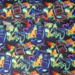 Softshell stof gaming print met Game Over controllers en neon galaxy