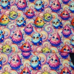Softshell stof kleurrijke fantasieprint met fluffy wezentjes Stoffenwebwinkel