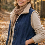 Dame in donkerblauwe denim teddy hes met beige binnenkant,