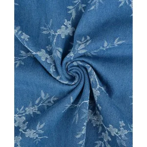 Denim spijkerstof bloementak blauw met witte takprint.
